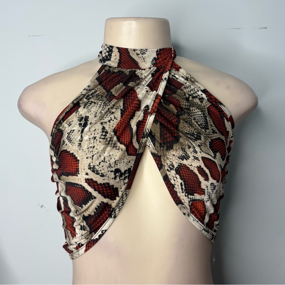 Red Snake Print Halter Crop Top